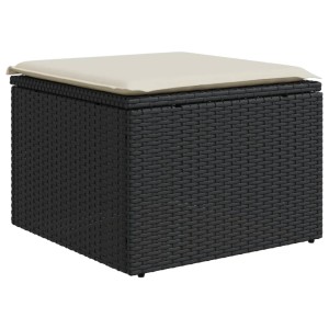 Schwarzer VidaXL Gartenhocker aus Rattan mit cremefarbenem Kissen, 55x55x37 cm.