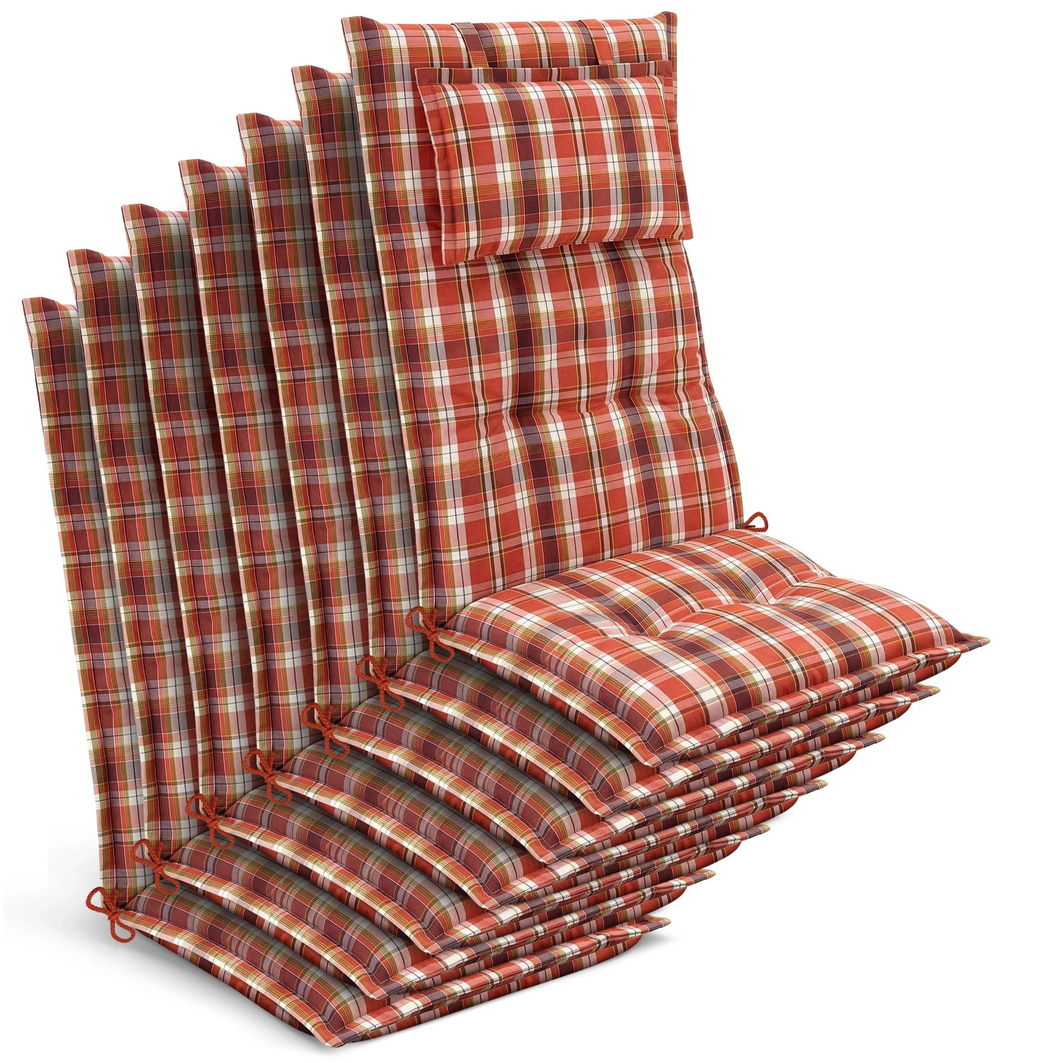 Beautissu 7x Gartenstuhlauflage Hochlehner 120x50x7cm Orange-Rot-Grün-Kariert