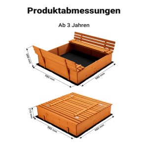 Wiltec Sandkasten aus Fichtenholz mit klappbaren Sitzbänken/Deckel, 98x98x21 cm. Offen mit Bänken, geschlossen als Deckel.