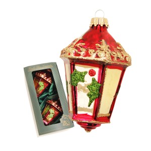 Weihnachtsornament Laterne von Krebs Glas Lauscha, 10cm, rot-gold mit Glitzer.