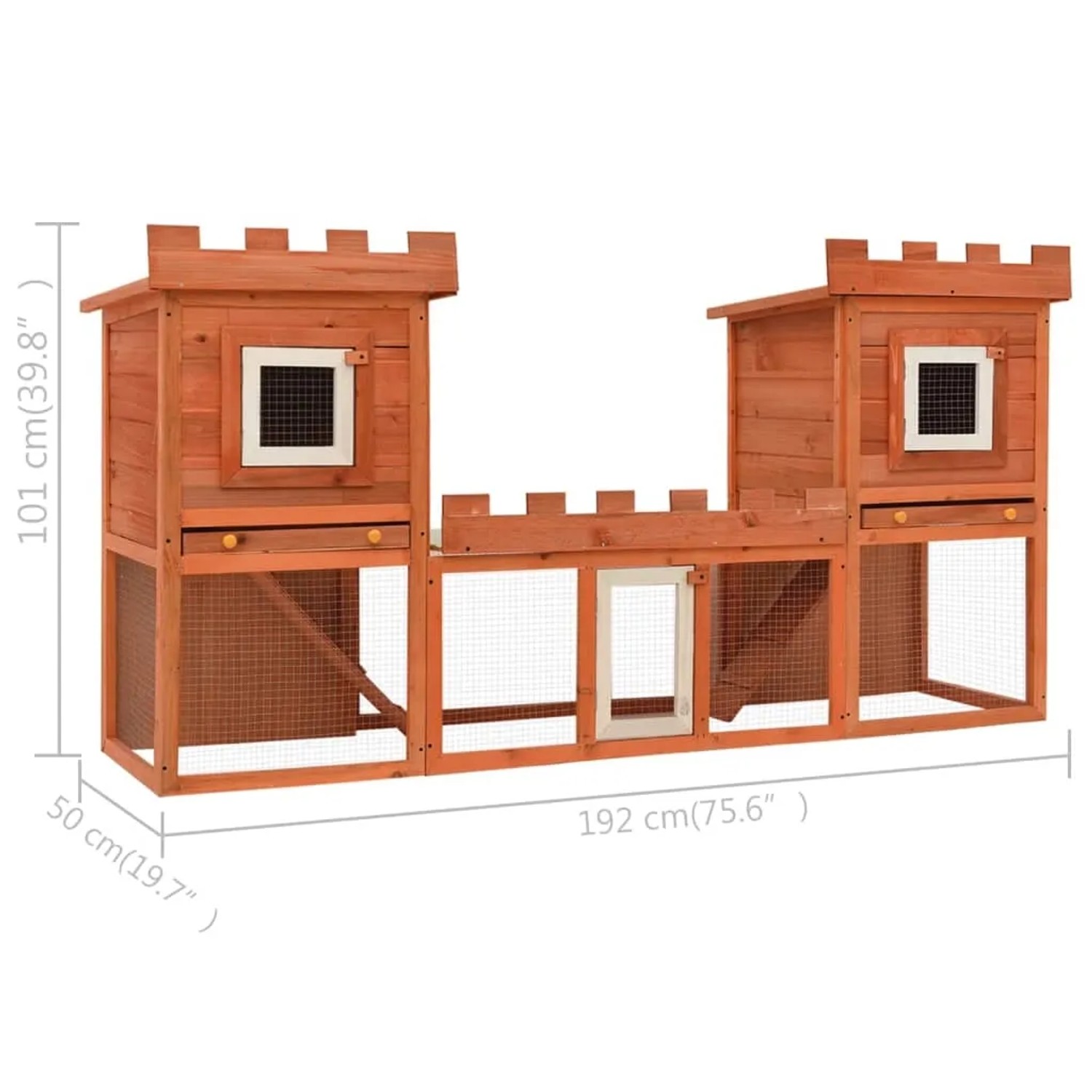 Großer, zweistöckiger Kaninchenstall/Kleintierkäfig im Doppelhaus-Design aus Holz mit Drahtgitter.