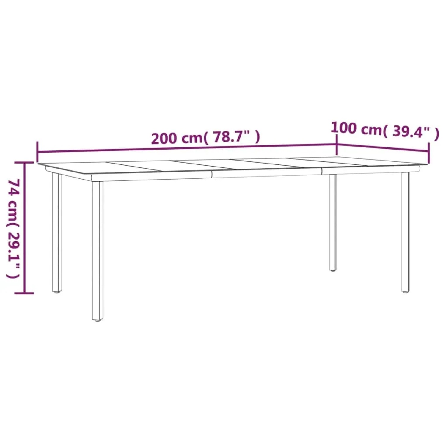 vidaXL Gartentisch, 200x100x74cm, Stahl/Glas, Teil der 9-tlg. Garten-Essgruppe