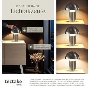 Tectake Akku Tischlampe Kade, Nickel, Retro Pilzdesign, dimmbar mit Touchschalter, 3 Helligkeitsstufen.
