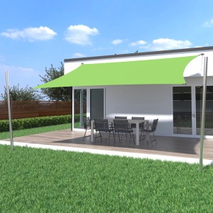 Apfelgrünes Toldoro Sonnensegel Komplettset mit Mast und Befestigung über einer Terrasse.