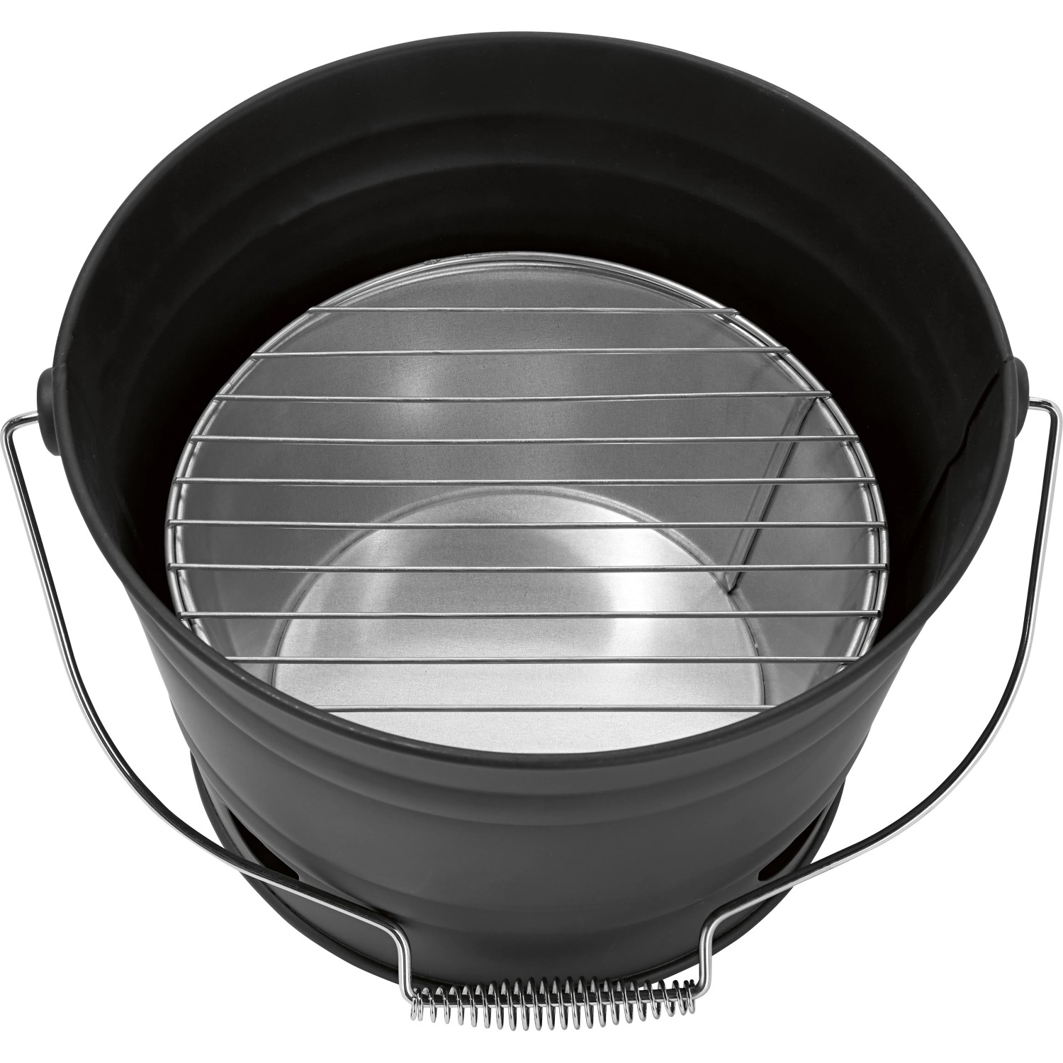 Tragbarer Eimergrill in Schwarz mit Grillrost, ideal für unterwegs.