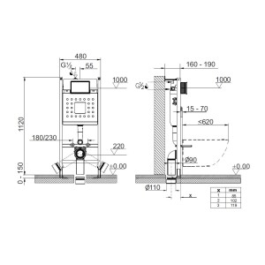 Technische Zeichnung Pianura Basic Unterputz-Spülkasten 112 cm EASYProxx für Wand-WC, Maße und Details.