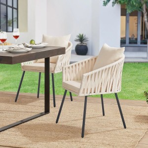 2er Set Juskys Rope Stühle, beige, mit Sitz- und Rückenkissen. Gartenstühle mit Seilgeflecht und schwarzen Beinen.