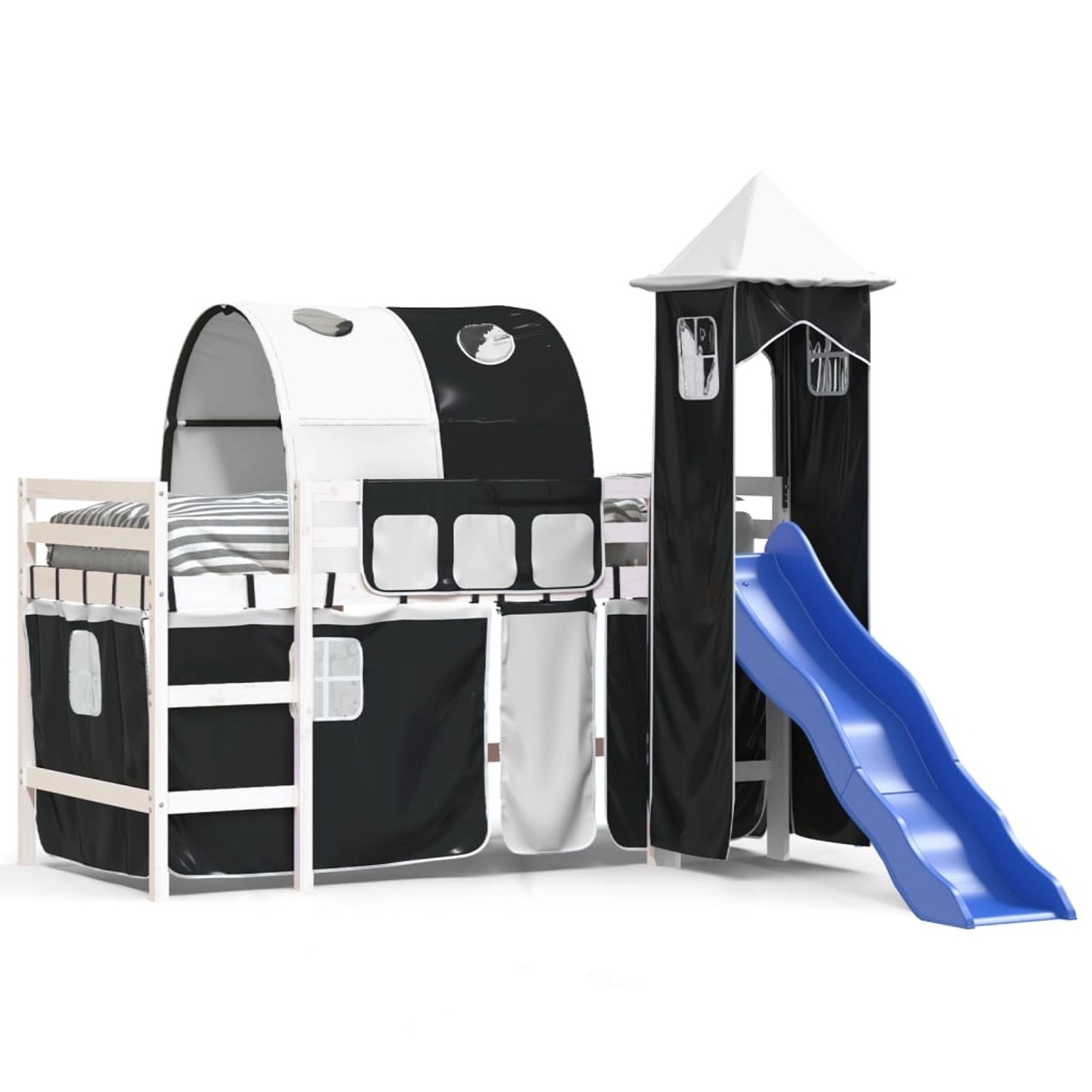 vidaXL Kinderhochbett mit Turm Weiß & Schwarz 90x200 cm Kiefernholz1930271