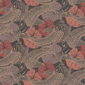 Asiatische Vliestapete in Braun und Rot mit Koi Karpfen Motiv für Wohn- und Schlafzimmer.