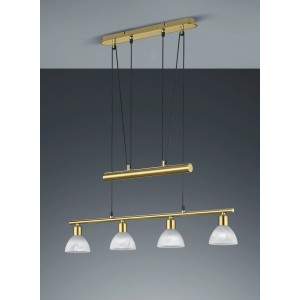 Messingfarbene Trio LED-Pendelleuchte JoJo Levisto mit vier Lampen und alabasterfarbenem Glas.