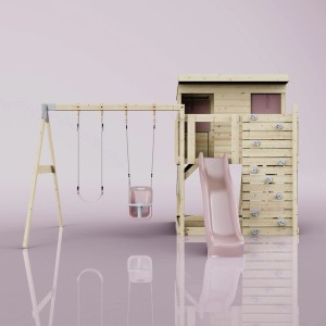 PolarPlay Spielturm Nils mit Babyschaukel und Rutsche in Altrosa. Holzspielturm mit Kletterwand.