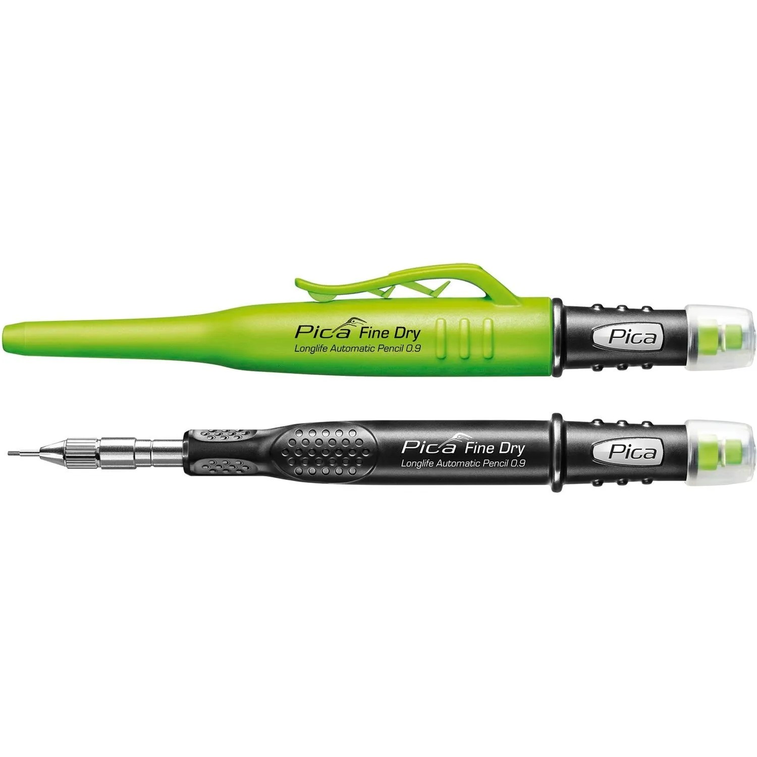 Pica Fine Dry 0.9 Set: Grüner und schwarzer Automatikbleistift mit 0.9mm Mine für präzise Markierungen.