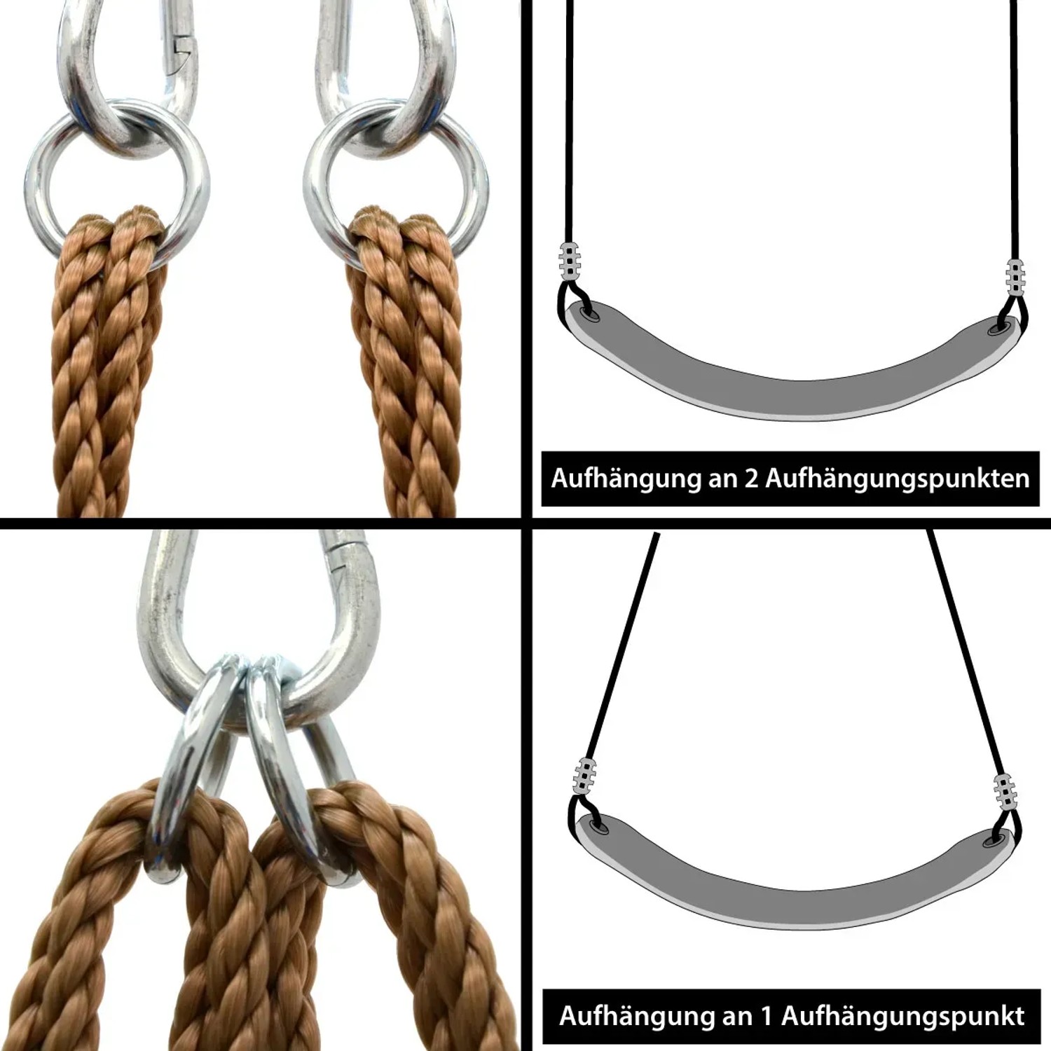 Brettschaukel: Details zur Aufhängung mit Seil an einem oder zwei Punkten.