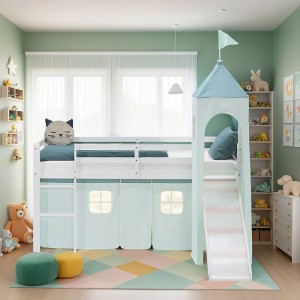 Weißes Kinder Hochbett 90x200 aus Kiefernholz mit Rutsche, mintgrünem Vorhang und Spielturm. Ideal für Abenteuerbetten.