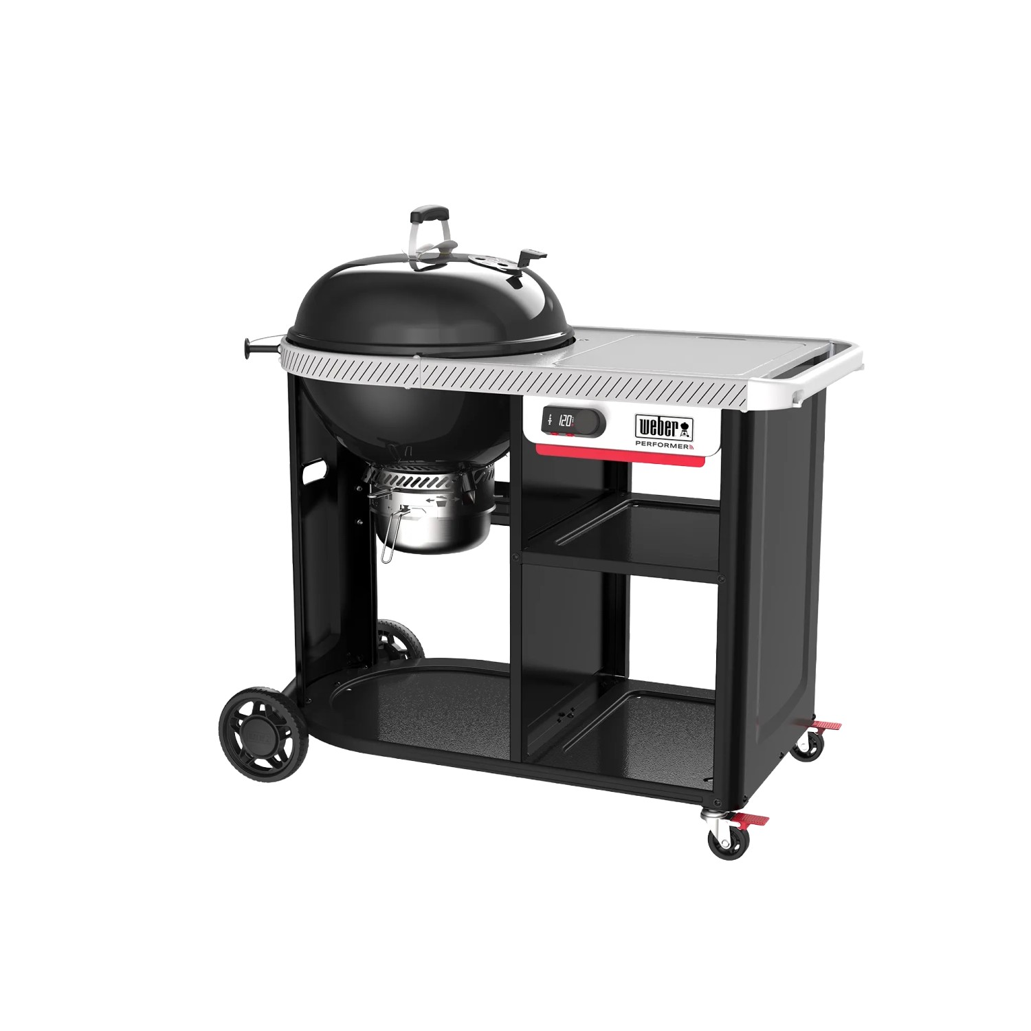 Schwarzer Weber Holzkohlegrill Performer Premium Smart 57 cm mit Seitentisch und Ablage.