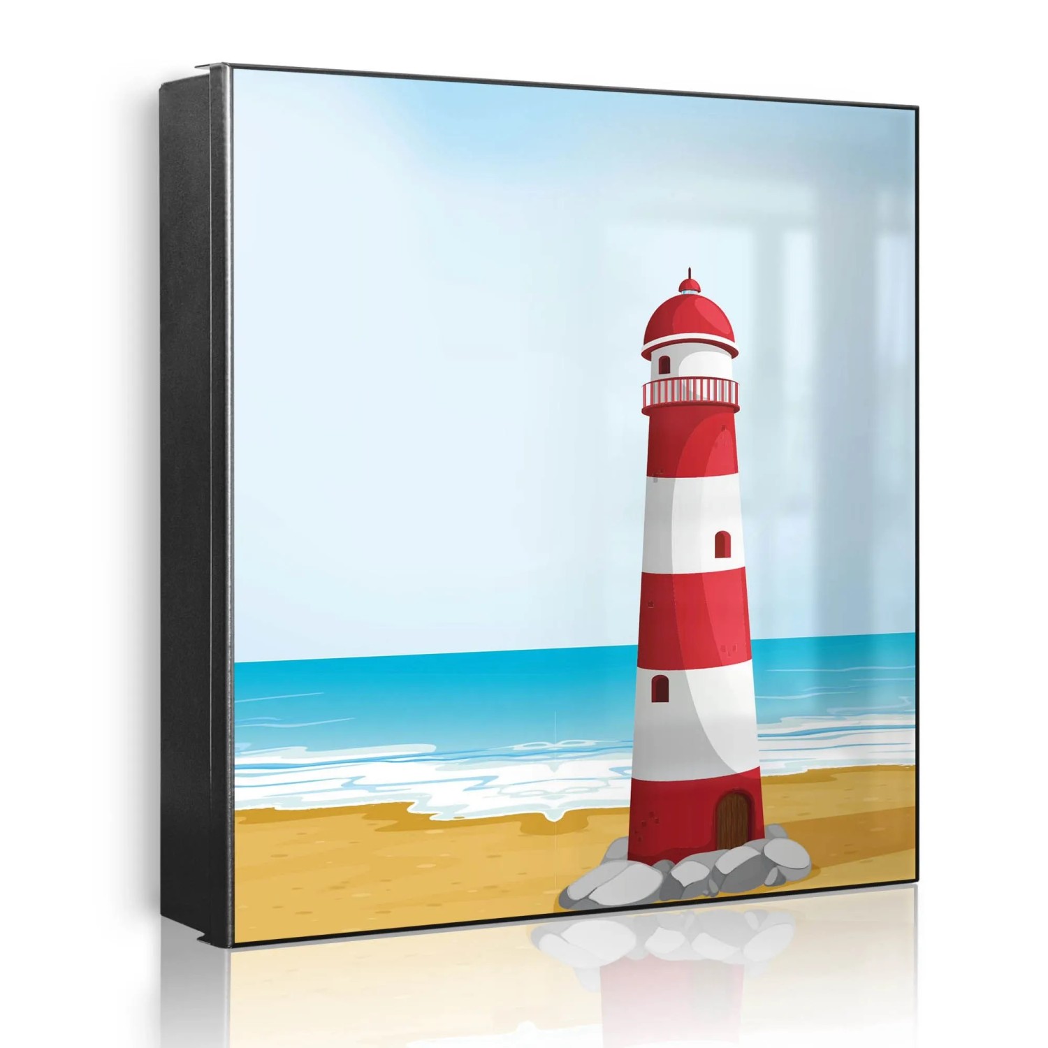 Banjado Großer Schlüsselkasten Metall 30x30cm Schwarz Scharnier Links 50 Haken Beschreibbar Magnetisch Motiv Leuchtturm Illustration
