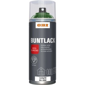 OBI Buntlack Spray RAL 6002 Laubgrün, hochglänzend, 400ml Dose.