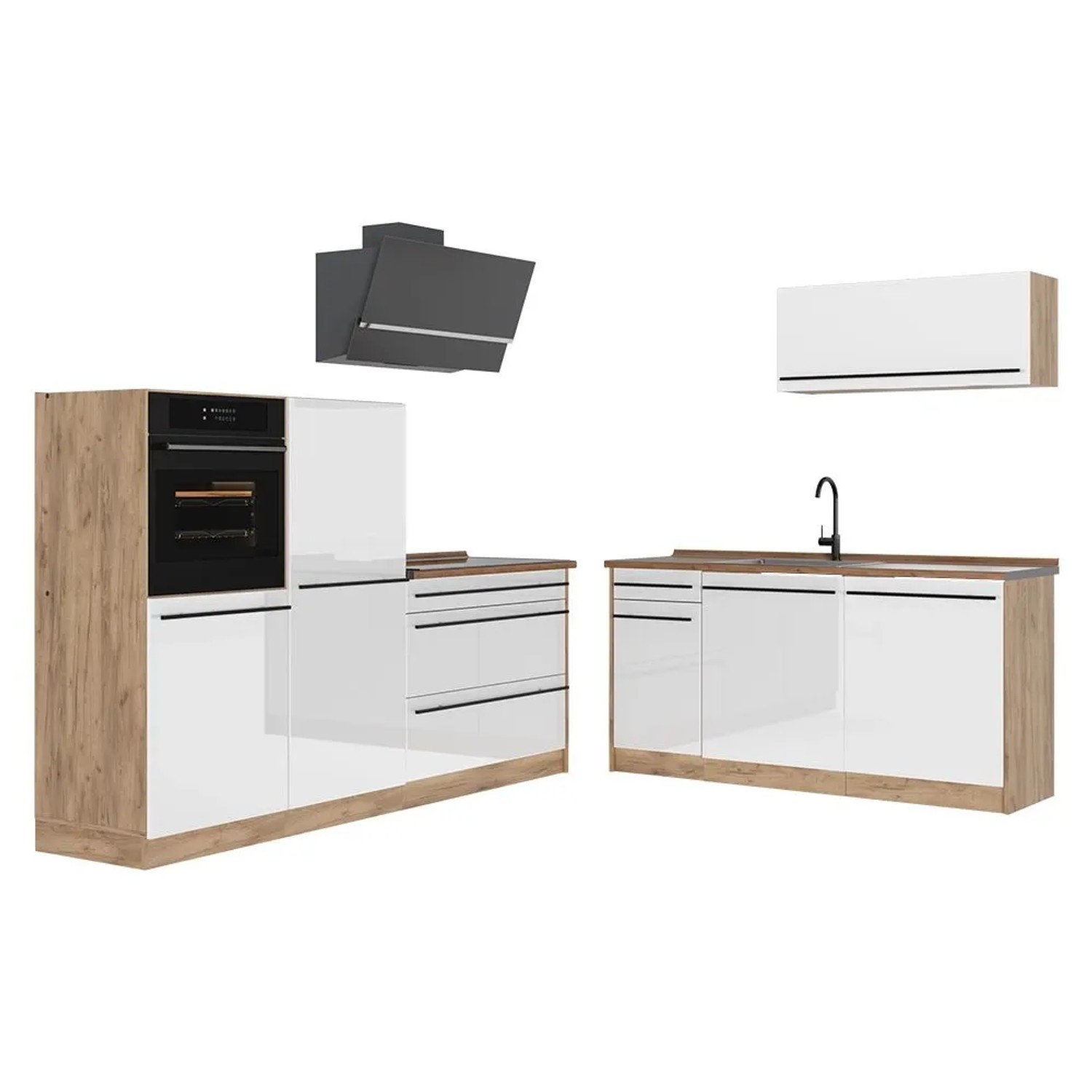 Vicco Küchenzeile R-Line Weiß Hochglanz/Goldkraft Eiche 220 x 143 Arbeitsplatte Goldkraft Eiche Art Nr 66328