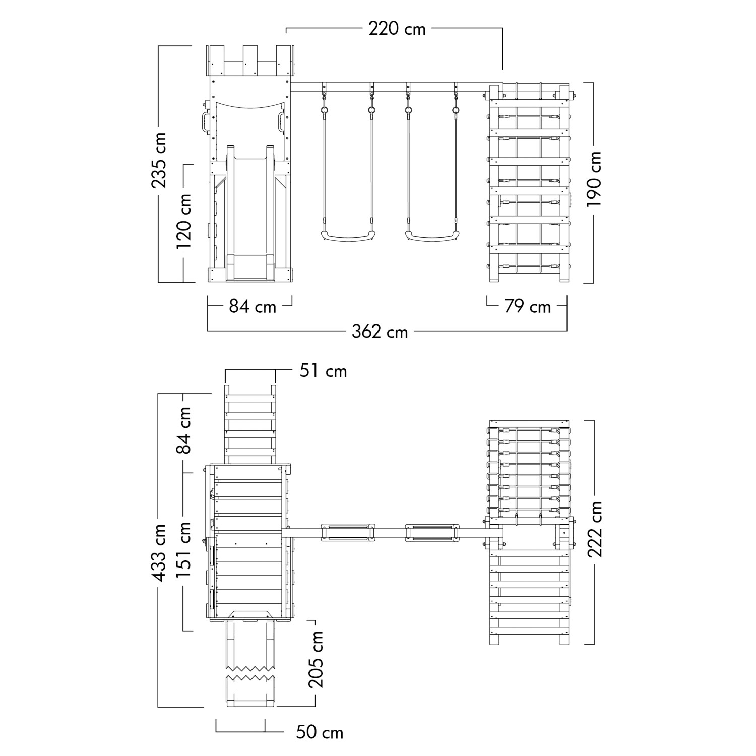 Maße des Wickey Spielturm GateFlyer mit Rutsche (Blau): Höhe 235 cm, Breite 362 cm.