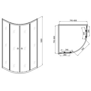 Technische Zeichnung: Sanotechnik Rundduschkabine 180x80 cm mit Streifenglas, Maße und Details.
