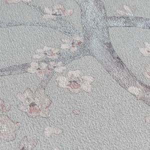 A.S. Creation Vliestapete mit floralem Blütenmuster in Grau-Rosa. Detailaufnahme der Tapetenstruktur.