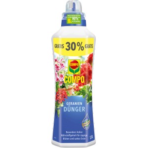 Flasche Compo Geraniendünger 1,3l mit Dosierhilfe und Aufdruck "30% Gratis".