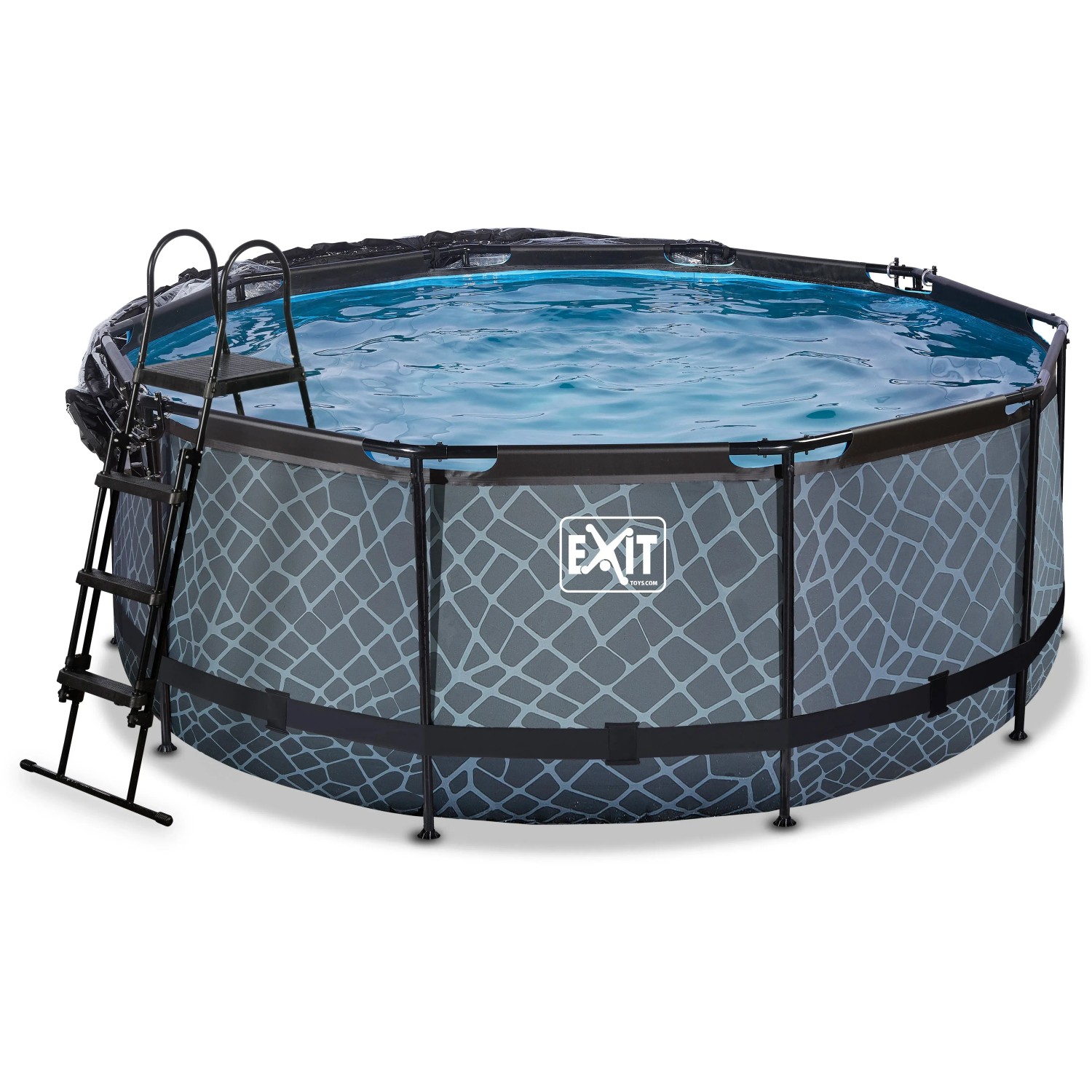 EXIT Stone Pool, Ø360cm, grau, mit Leiter, Abdeckung und Sandfilterpumpe. Stahlrahmenpool mit Steinmuster.