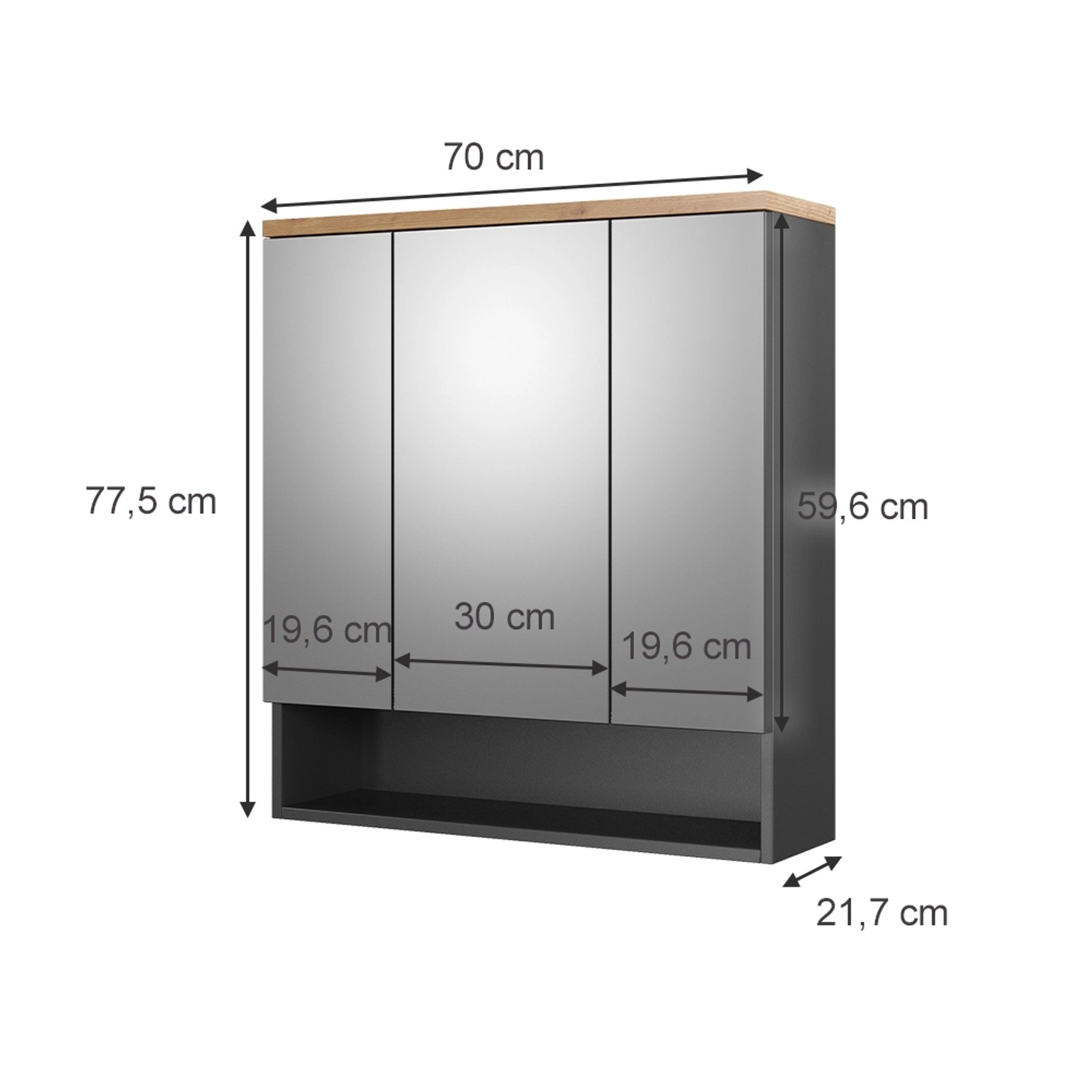 Vicco Badspiegelschrank Eden in Anthrazit/Artisan-Eiche, 70x77 cm, mit 3 Spiegeltüren und offenem Regal.