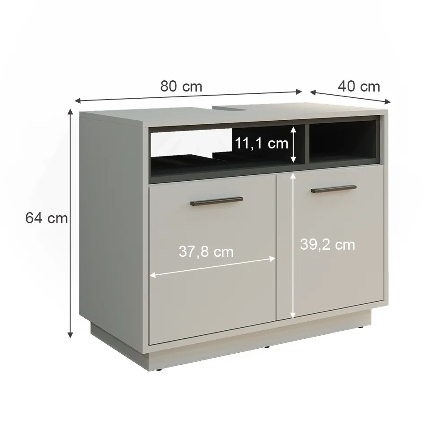 Vicco Waschbeckenunterschrank Beatrice, grau/anthrazit, 80x64 cm. Badmöbel mit zwei Türen und offenem Fach.