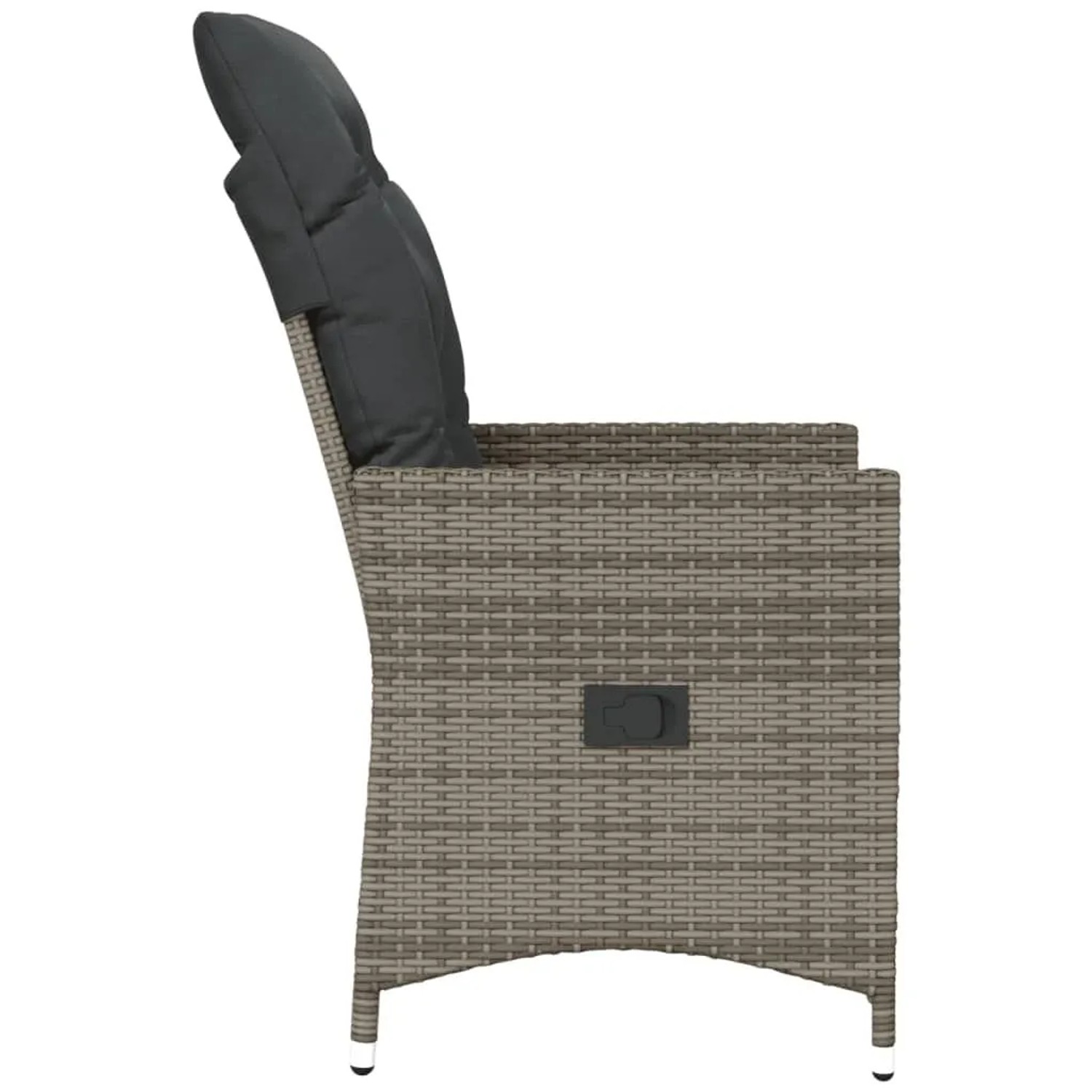 Grauer verstellbarer Poly Rattan Gartensessel mit dunkelgrauen Kissen, Seitenansicht.