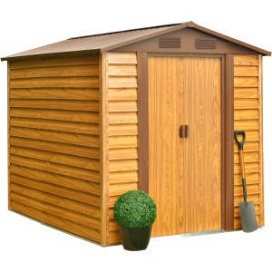 Pergart Gerätehaus Frankfurt II in Holzoptik, 236x195x209 cm, mit Doppeltür und Schaufel.