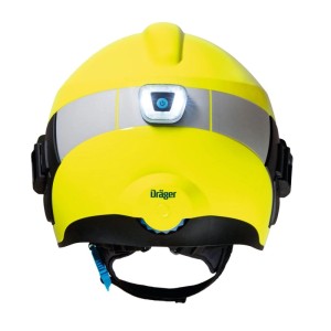 Gelber Dräger Feuerwehrhelm mit leuchtendem LED-Rücklicht (klar-schwarz) und reflektierendem Streifen.