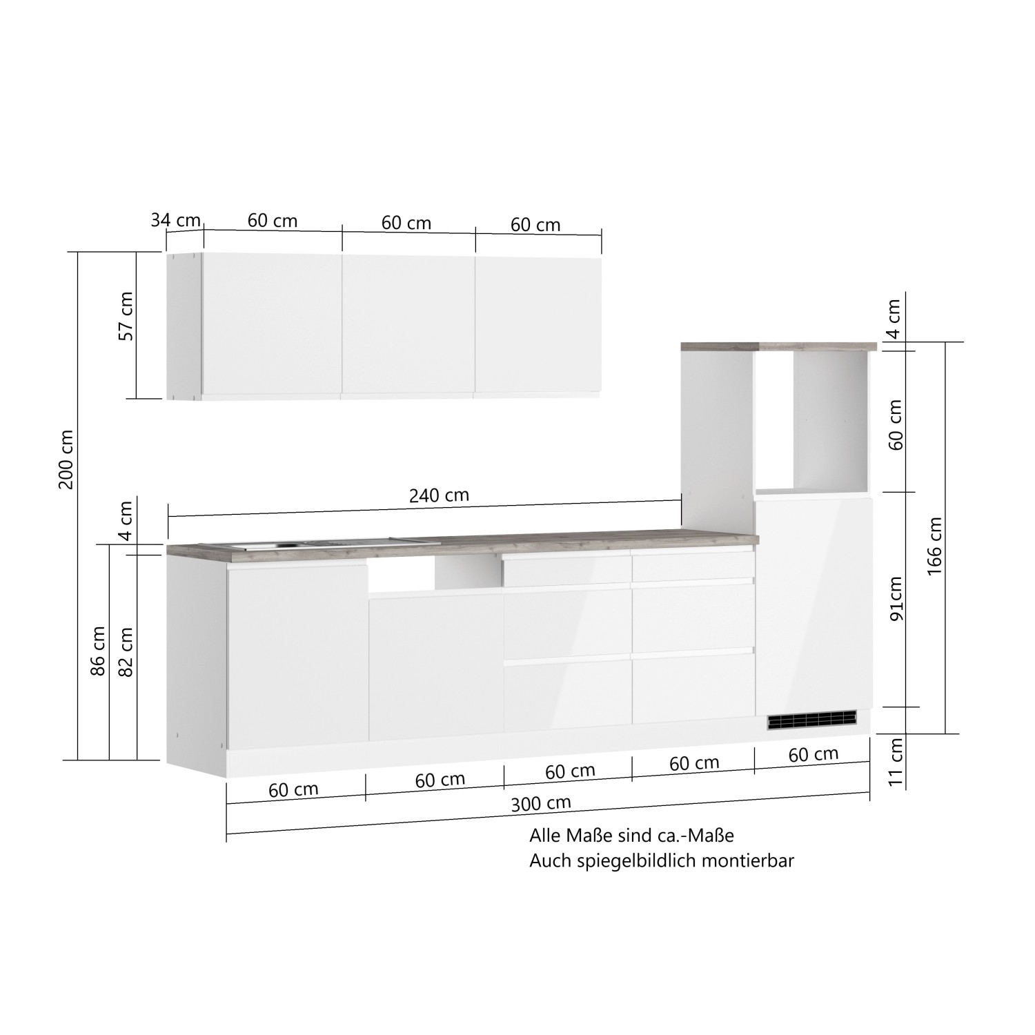 Küchenzeile Gera 300 cm in Weiß/Beton ohne Geräte, Maße und Anordnung der Küchenelemente.