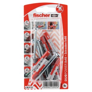 Fischer Dübel DuoPower 8x40 mm, 8 Stück mit Schrauben. Universaldübel für sichere Befestigungen.