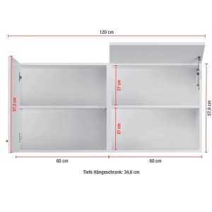 Weißes Impuls Küchen Hauswirtschaftsmodul HWR4120H7, 120 cm breit, mit offenen Fächern und Maßangaben.