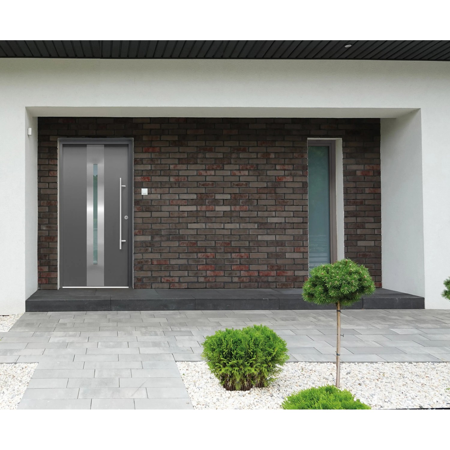 Anthrazitfarbene Sicherheits-Haustür ThermoSpace Prime Dublin RC2 mit Edelstahlapplikation und satiniertem Glas.