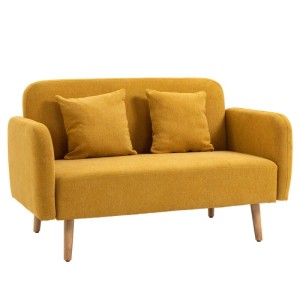 Modernes HOMCOM 2-Sitzer Sofa in Senfgelb mit zwei passenden Wurfkissen und hellen Holzfüßen. Für Wohnzimmer.