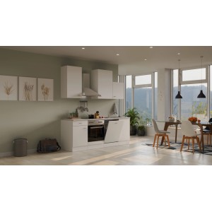 Weiße Flex-Well Küchenzeile Wito (220 cm) mit E-Geräten und Spüle.