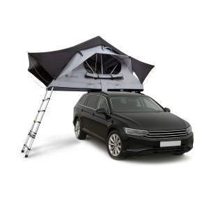 Juskys Autodachzelt Lago 120x210 cm, schwarz-grau, montiert auf einem schwarzen Auto mit Leiter.