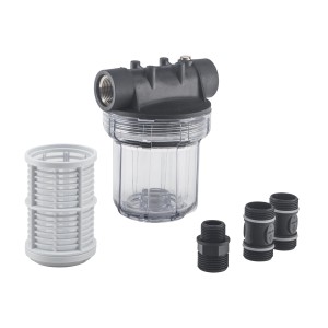 Al-Ko Filter für Gartenpumpe 100/1", transparentes Gehäuse mit Filtereinsatz und Anschlussstücken.