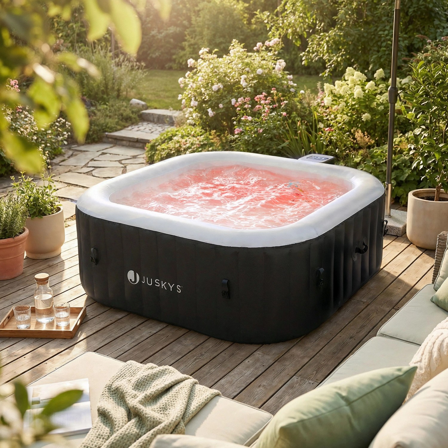 Juskys SpaLuxe aufblasbarer Whirlpool schwarz-weiß mit roter LED-Beleuchtung auf Holzterrasse im Garten.