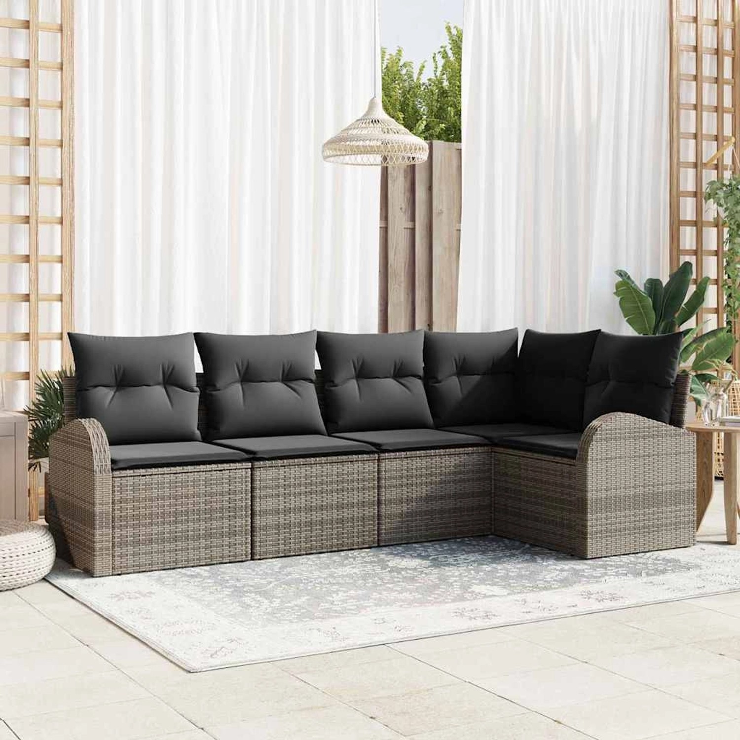 Graues 5-tlg. vidaXL Garten-Sofa-Set aus Poly Rattan mit Kissen für Terrasse und Garten.