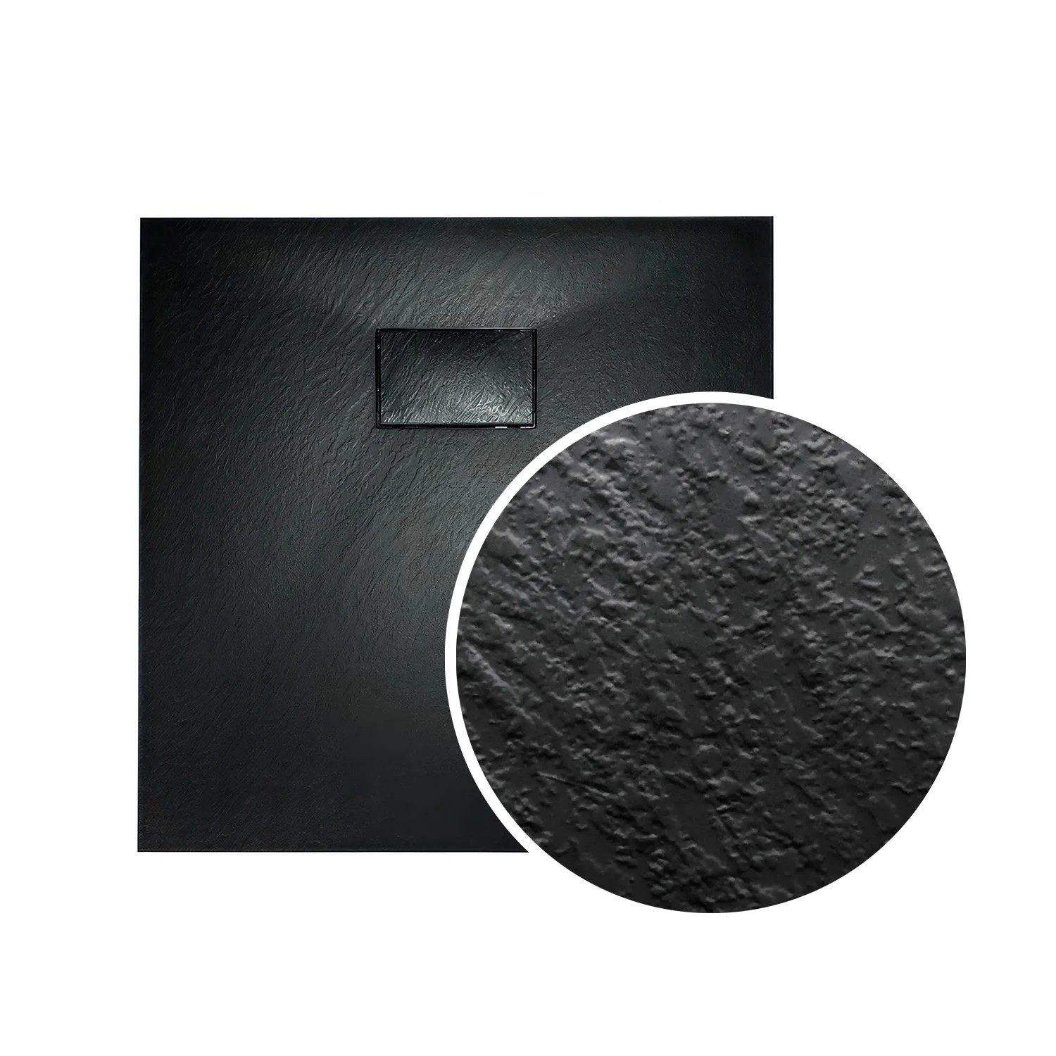 Schwarze quadratische Duschwanne VIDAR 90x90 aus Verbundwerkstoff. Steinoptik, rutschhemmende Oberfläche mit Ablauf.