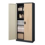 JAN NOWAK Büro-Aktenschrank aus Metall, Anthrazit/Eiche Sonoma. Eine Tür offen, zeigt Ordner und Ablagefächer. Abschließbar.