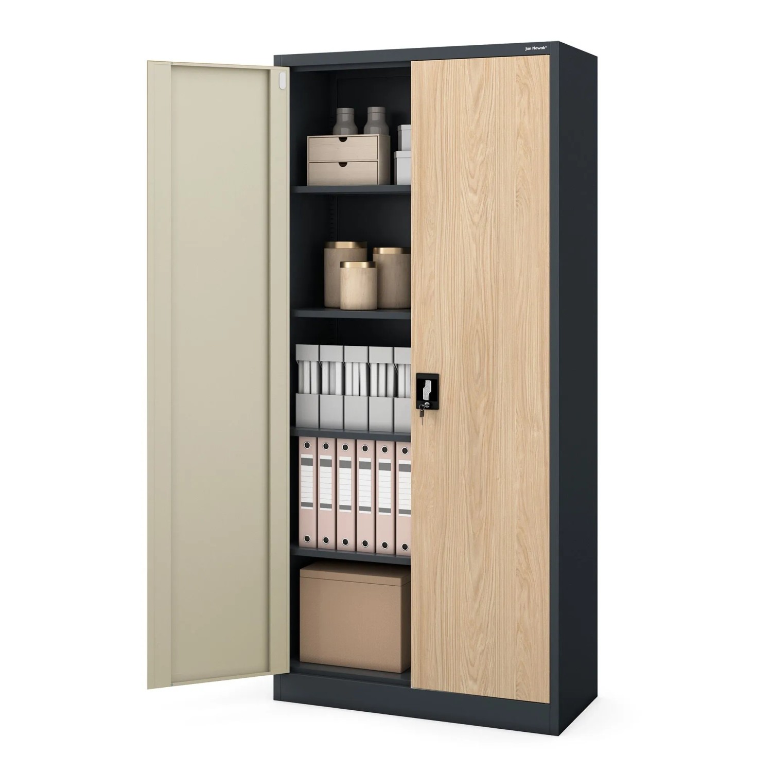 JAN NOWAK Büro-Aktenschrank aus Metall, Anthrazit/Eiche Sonoma. Eine Tür offen, zeigt Ordner und Ablagefächer. Abschließbar.