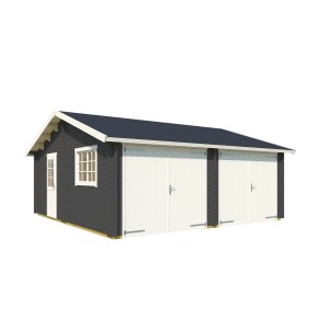 Lasita Maja Doppelgarage Falkland in Carbongrau mit zwei Holztoren und Seitentür.