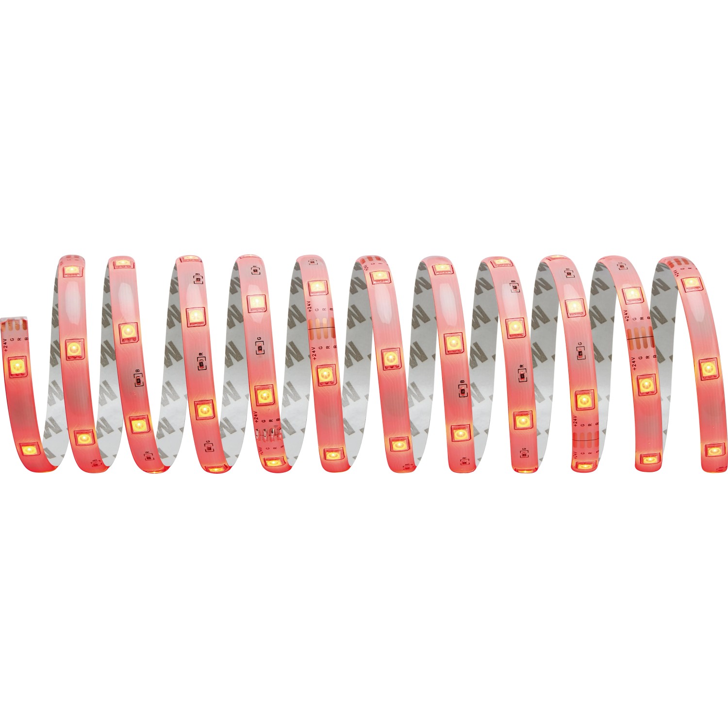 Aufgerolltes LED-Flexband RGB, 10 m, mit roten LEDs. Inkl. Fernbedienung zur Steuerung der Lichtfarbe.