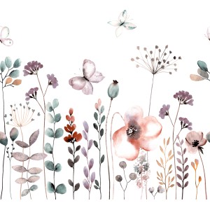 Fototapete Rasch Bambino XIX mit Blumen und Schmetterlingen in Lila- und Petroltönen.