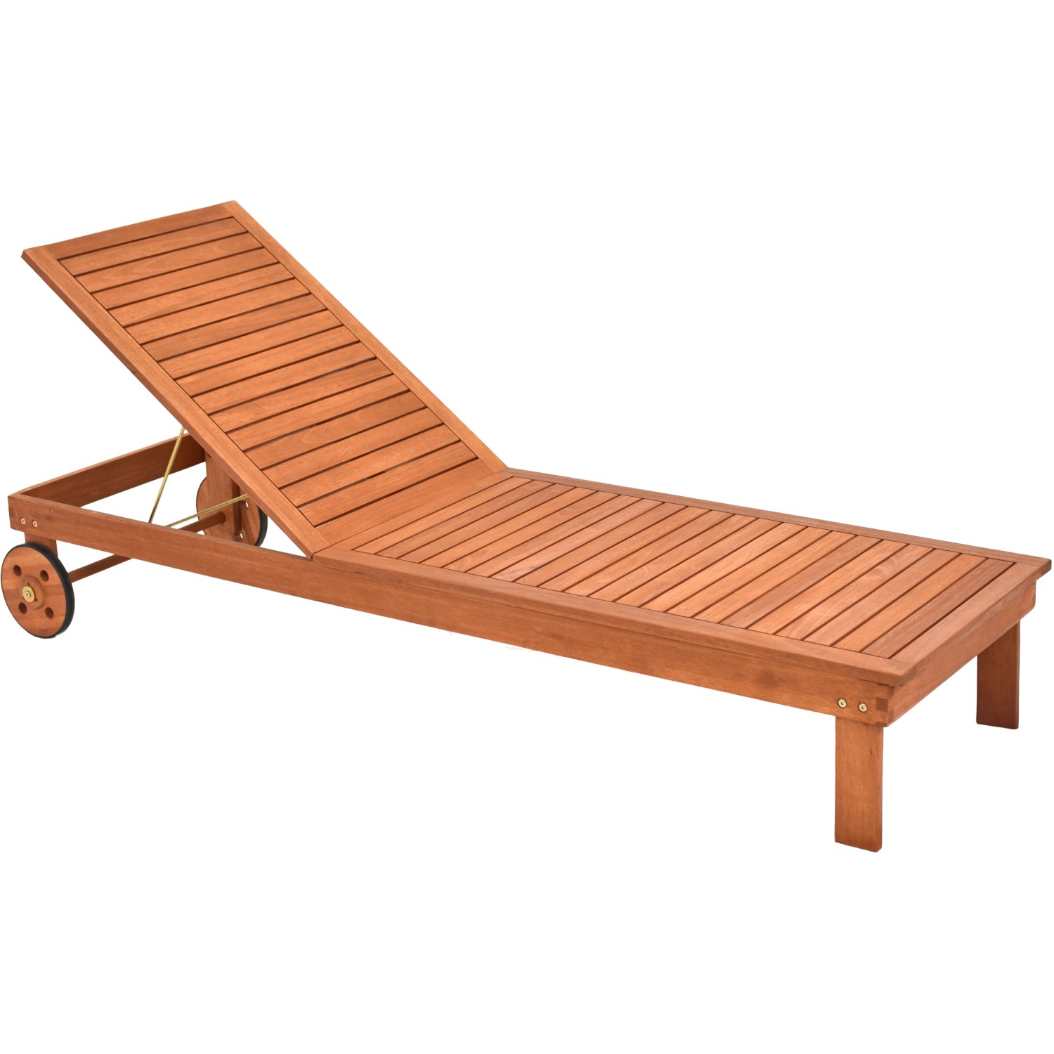 Merxx Sonnenliege aus Eukalyptusholz mit verstellbarer Rückenlehne und Rädern.