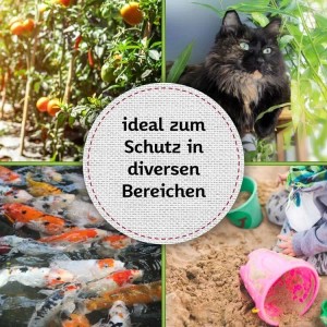 Anwendungsbeispiele für TTL GARDEN Vogelschutznetz: Pflanzen, Katze, Teich, Sandkasten.
